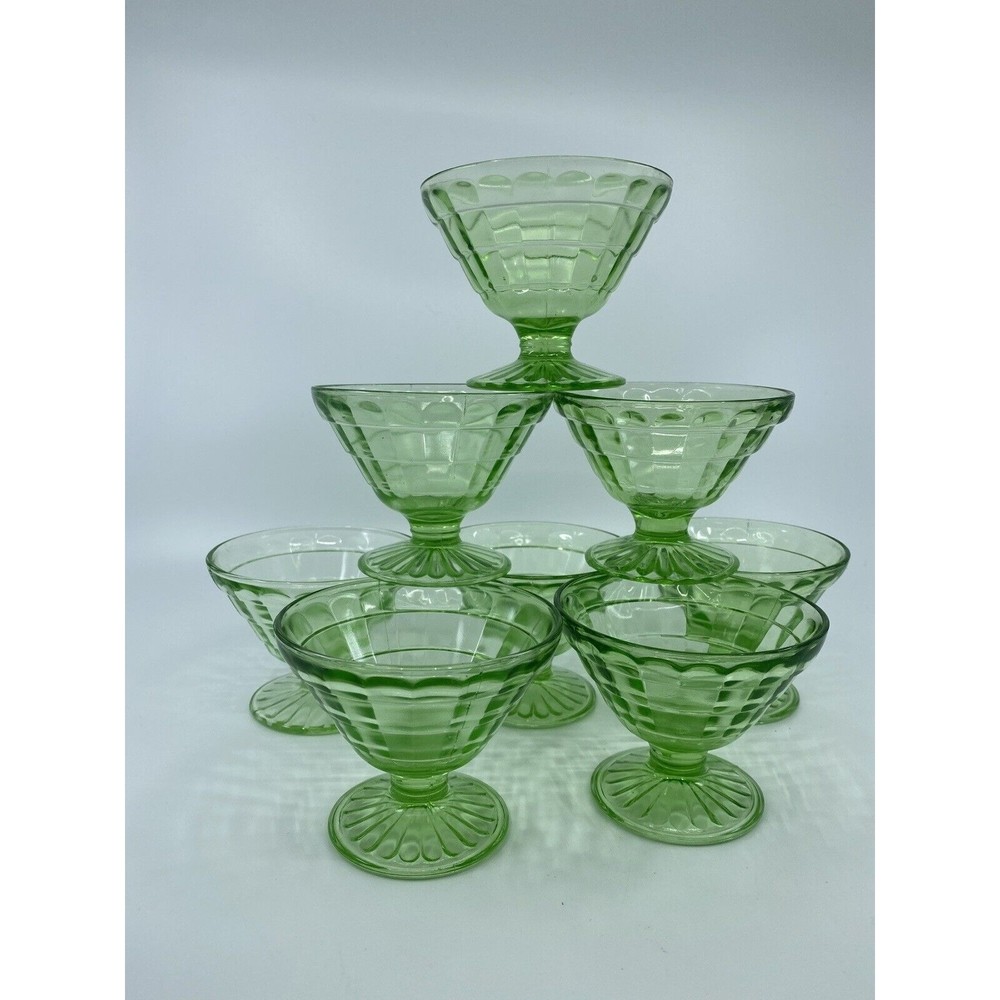 8 Green Uranium Glowy Glass Pedestal Dessert Fruit Dishes